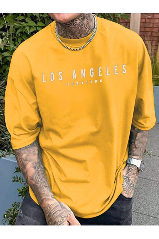 Los Angeles Downtown Single Jersey T-Shirt - Yellow Printed Oversize Crew Neck Short Sleeve T-Shirt
