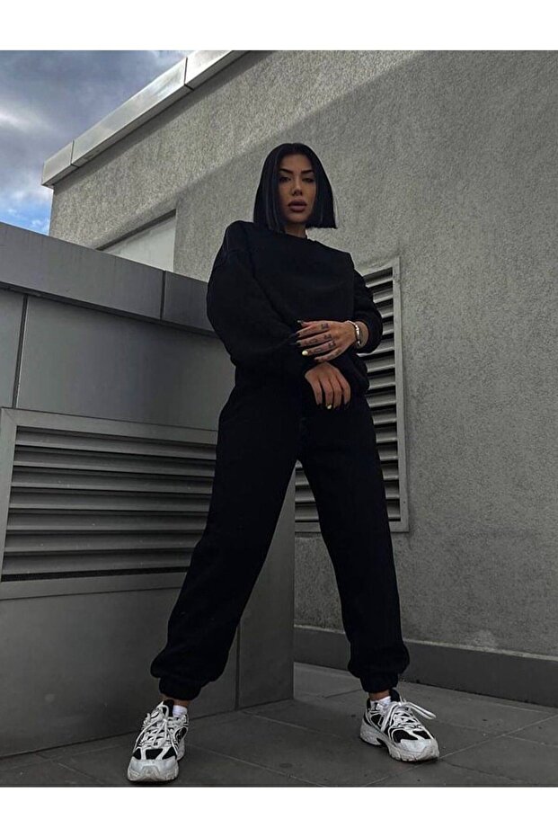 طقم بدلة رياضية غير مطبوعة سويت شيرت Jogger - أسود كبير الحجم برقبة دائرية