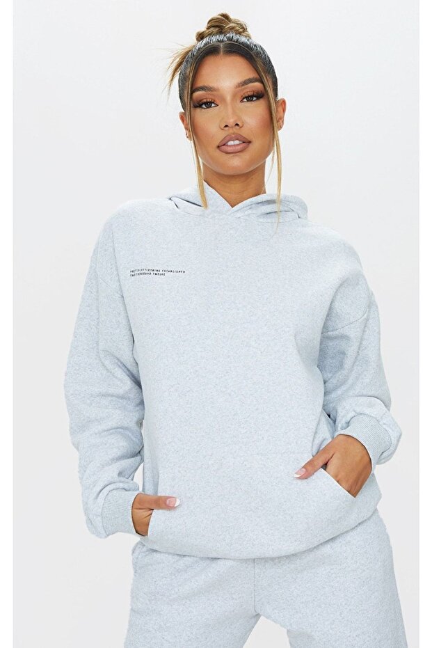 Established Tracksuit Set Sweatshirt Jogger - Gray Printed Oversize Hooded Elastic Leg