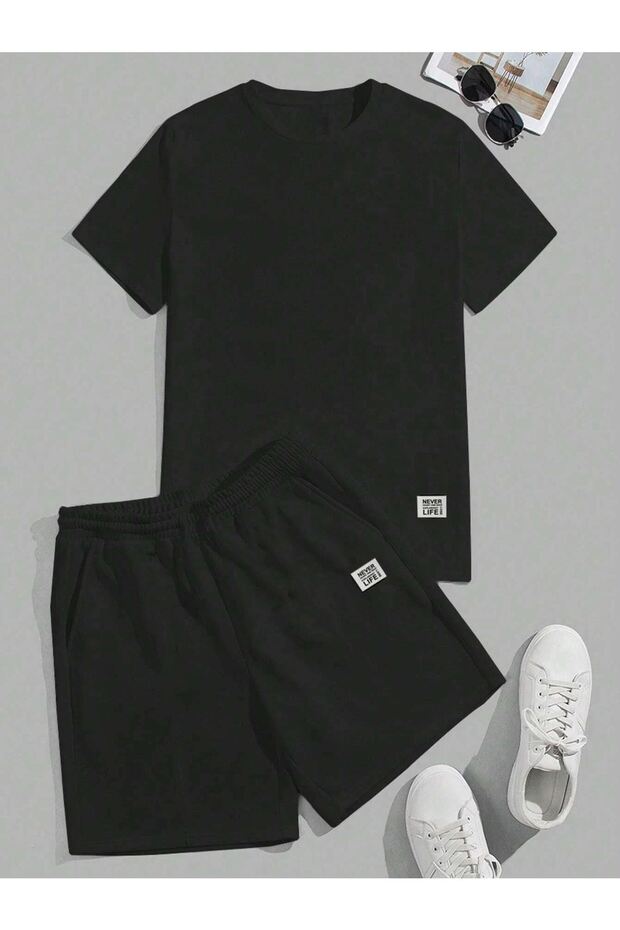 Never Life T-Shirt Shorts - Black Bottom Top Combination Shorts T-Shirt Set Printed Oversize Crew Neck