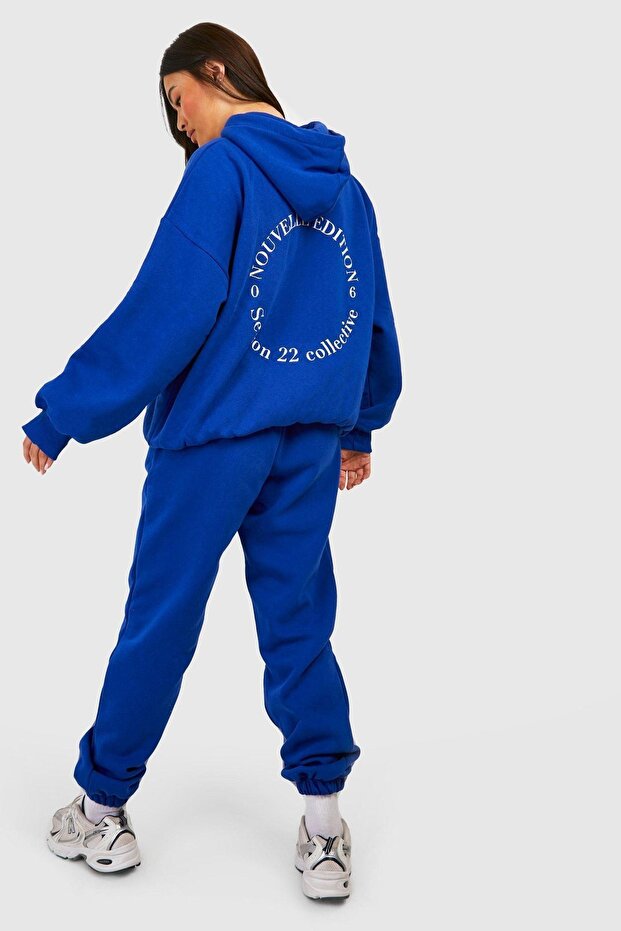 طقم بدلة رياضية من Sax Blue Nouvelle - مقاس كبير مطبوع بغطاء للرأس