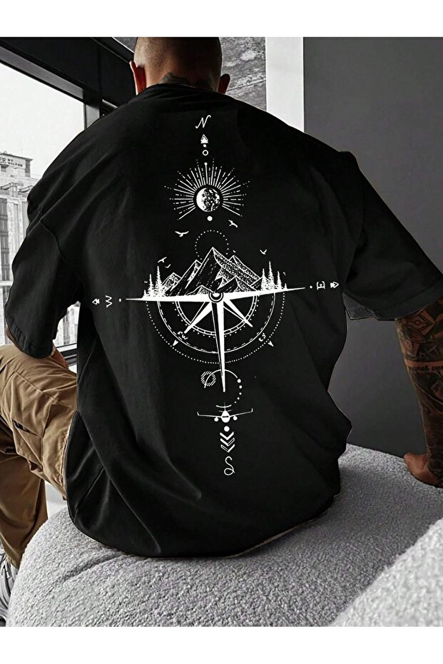 Compass Single Jersey T-Shirt - Black Printed Oversize Crew Neck Short Sleeve T-Shirt
