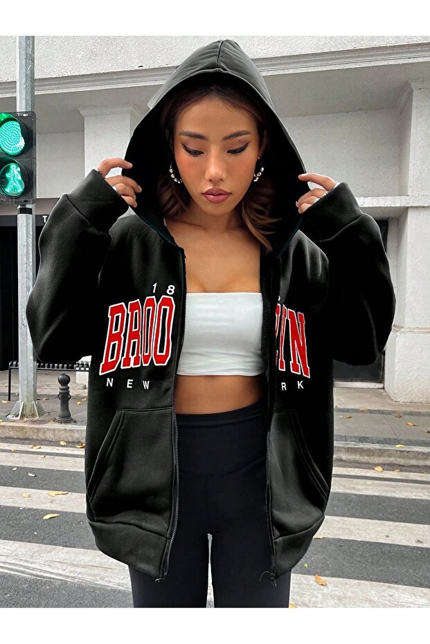 Brooklyn 1898 Cardigan - Black Printed Oversize Hoodie