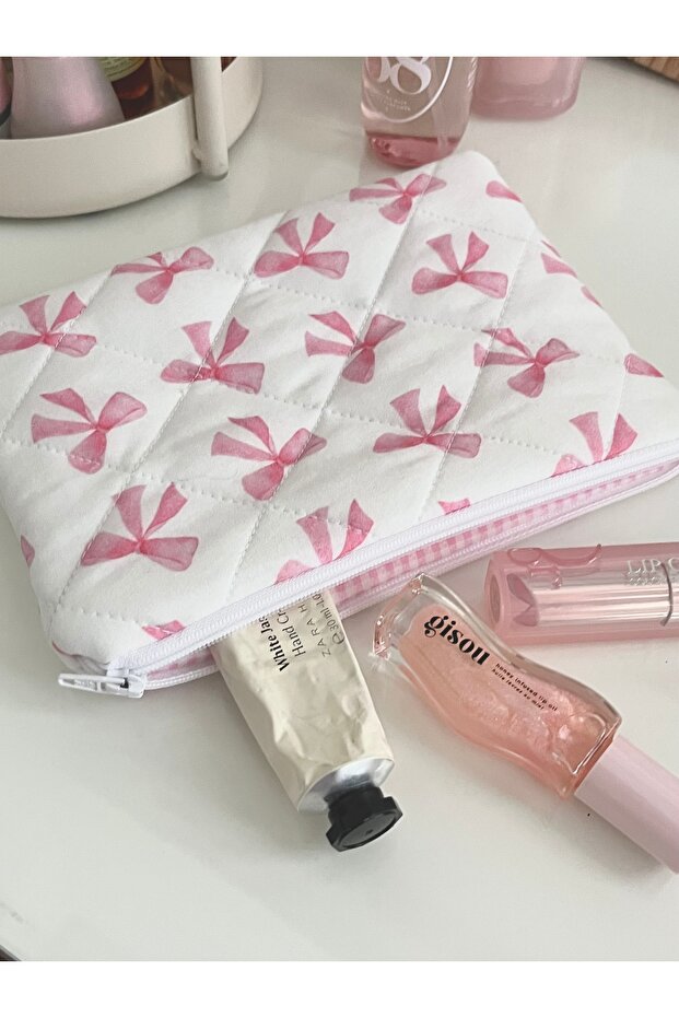 حقيبة مكياج منقوشة بفيونكة - منظم داخل الحقيبة - 4