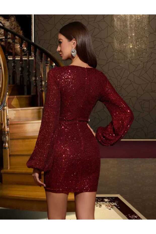 uzun kollu göğüs dekolteli mini pullpayet elbisesi - 3