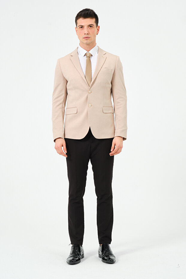 Bej Slim Fit Örme Esnek Kumaşlı Blazer Ceket - 8
