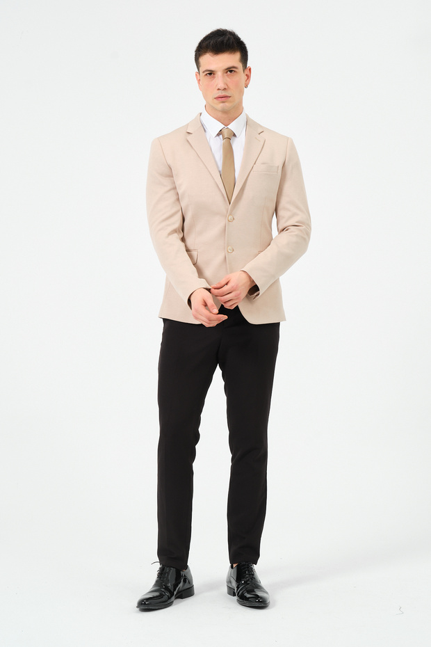 Bej Slim Fit Örme Esnek Kumaşlı Blazer Ceket - 7