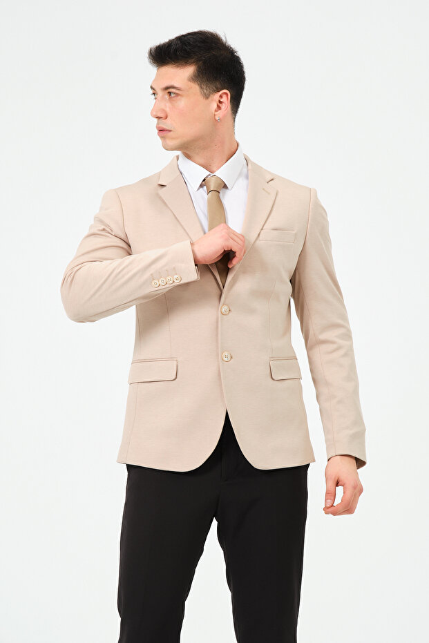 Bej Slim Fit Örme Esnek Kumaşlı Blazer Ceket - 4