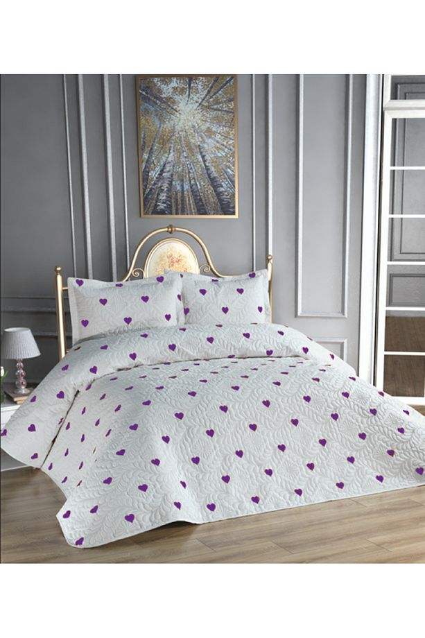 Kalp Baskılı Microfiber Ultrasonic Kapitone Çift Kişilik Yatak Örtüsü - 1