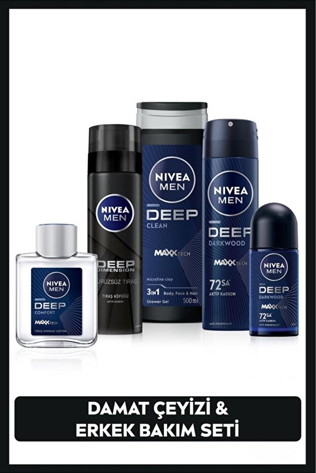 MEN Erkek Damat Çeyiz Seti, Duş Jeli 500ml, Deodorant 150ml, Roll-on 50ml, Tıraş Köpüğü, Losyon100ml - 1