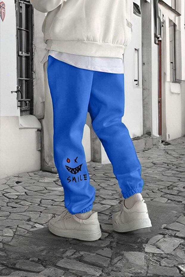 Smile Face Sax Blue Jogger Thin Sweatpants - Elastic Leg Printed Comfortable Style with Leg Print Detail