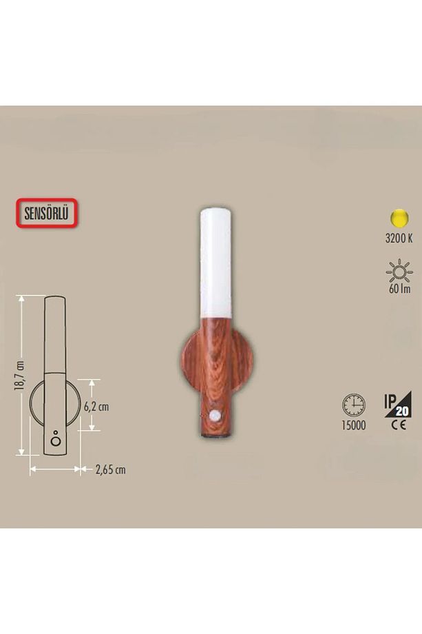 Kumru Şarjlı Led Duvar Aplik Günışığı  Ahşap Renk Kablosuz Sensörlü Harekete Duyarlı Duvar Aplik - 3