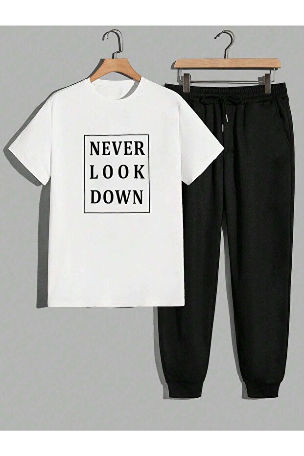 Never White T-Shirt Black Sweatpants Jogger - Printed Bottom Top Sweatpants Suit Oversize Cycling Yak
