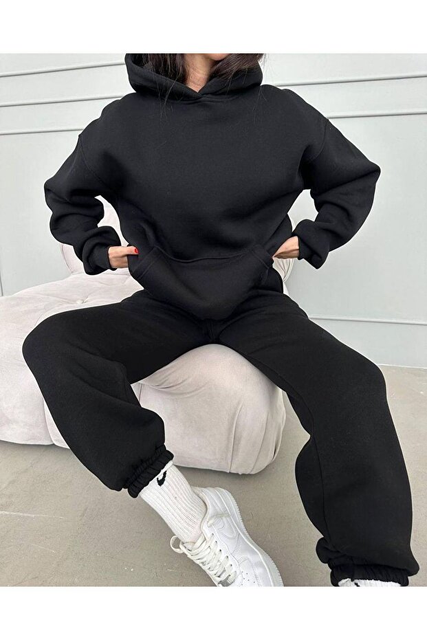 طقم بدلة رياضية عادية أساسية سويت شيرت Jogger - أسود كبير الحجم بقلنسوة