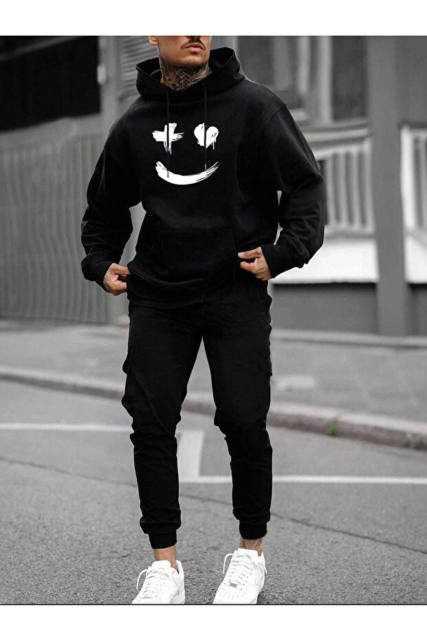 X Heart Face Tracksuit Set Sweatshirt Jogger Pants - Black Printed Oversized Brushed Inside Hooded