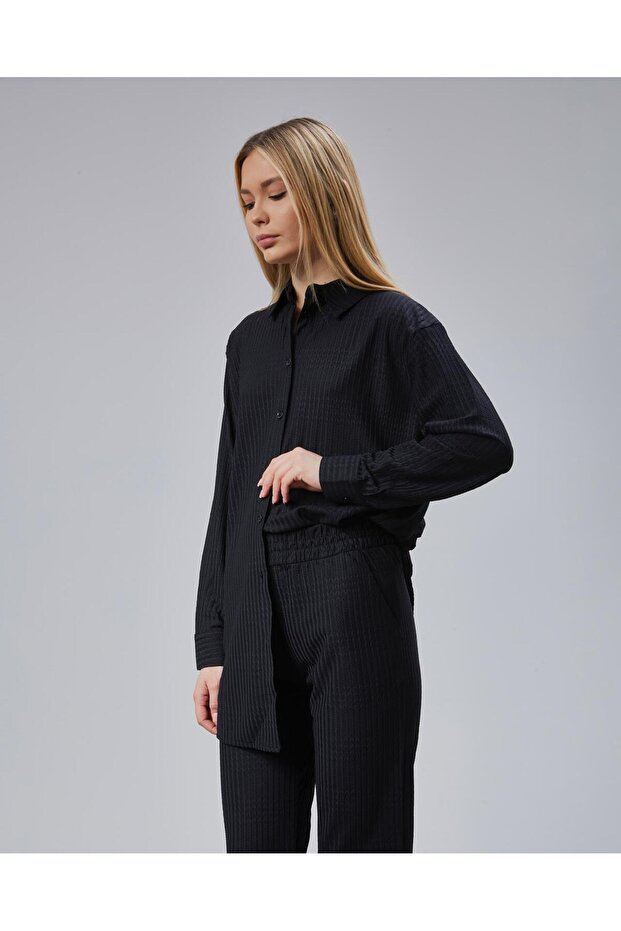 طقم كيمونا مزدوج بياقة قميص أسود - 4
