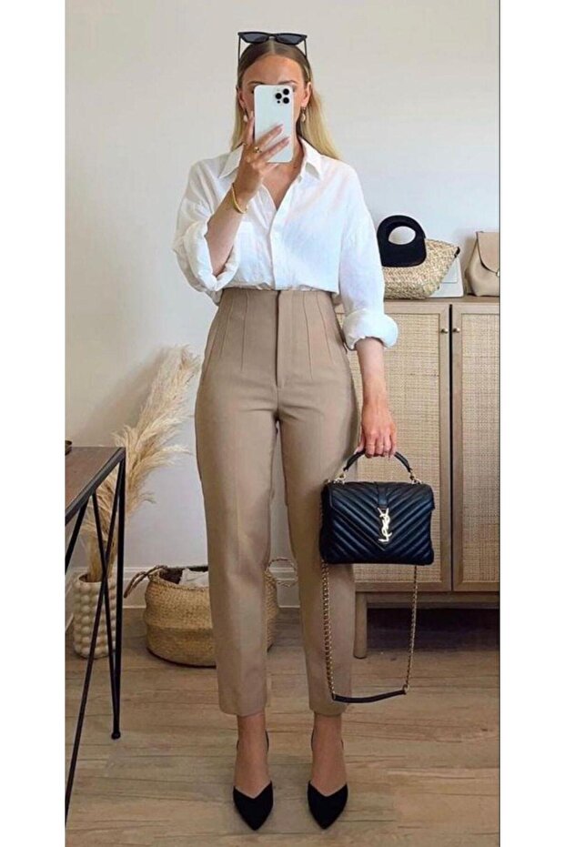 Beige High Waist Women's Trousers Mg2425