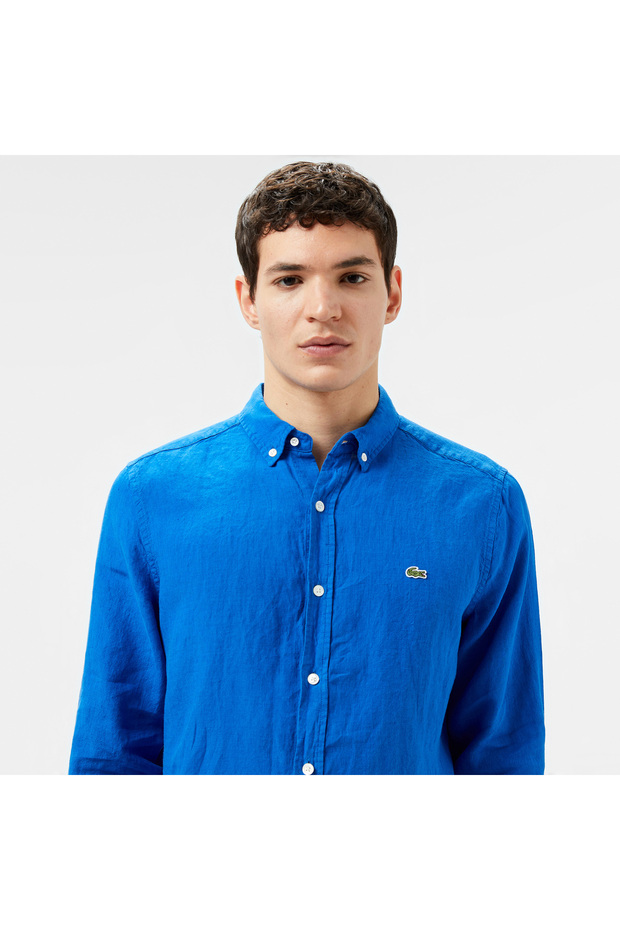 Erkek Regular Fit Düğmeli Yaka Keten Mavi Gömlek - 2