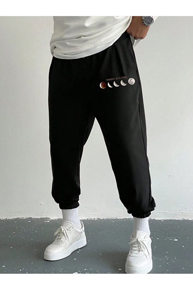 Moon Eclipse Sweatpants Jogger - Black Printed Rubber Leg High Waist