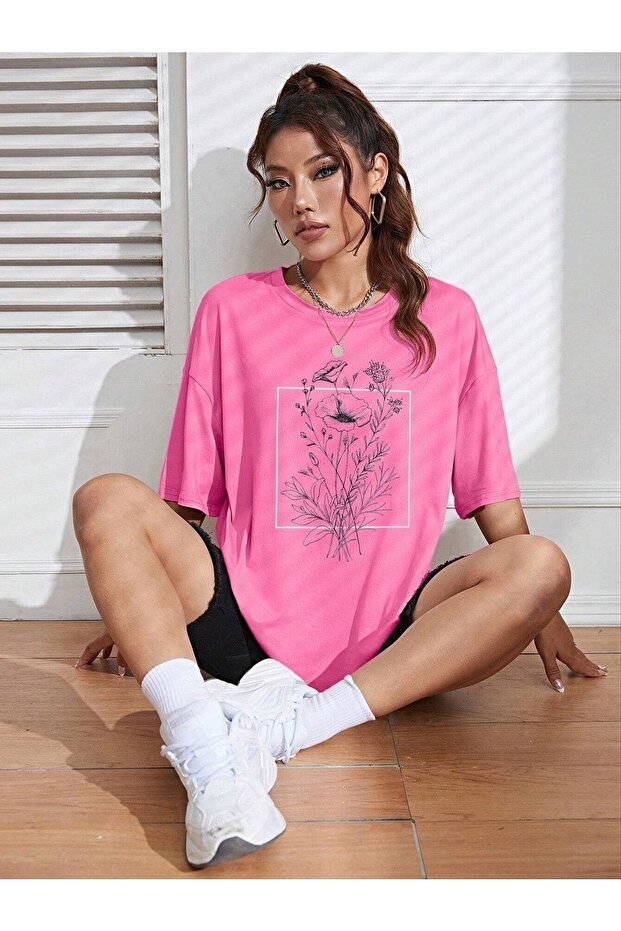 Floral Pattern T-shirt - Pink Printed Oversize Crew Neck Short Sleeve T-Shirt