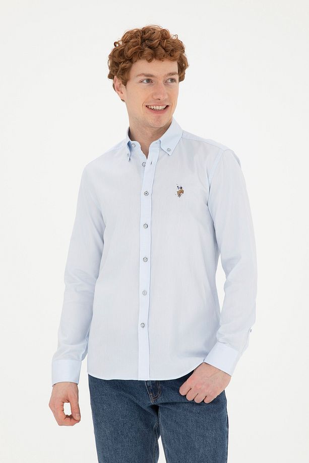 Dokuama Kumaş % 100 Pamuk Slim Fit Mavi Gömlek - 1