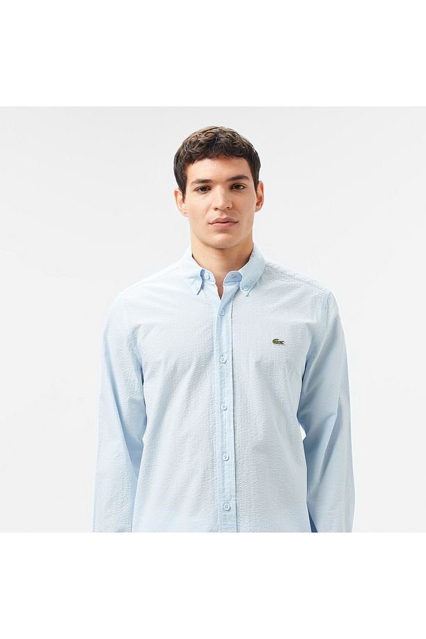 Erkek Slim Fit Düğmeli Yaka Açık Mavi Gömlek - 4