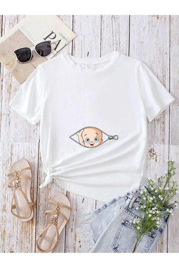 Pregnant Gebe T-shirt Baby Zipper Printed - White Crew Neck Oversize T-Shirt