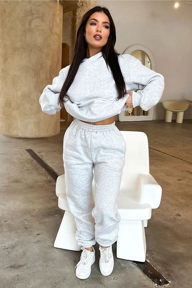 Basic Düz Eşofman Takımı Sweatshirt Jogger - Gri Oversize Şardonlu Kapüşonlu - 1