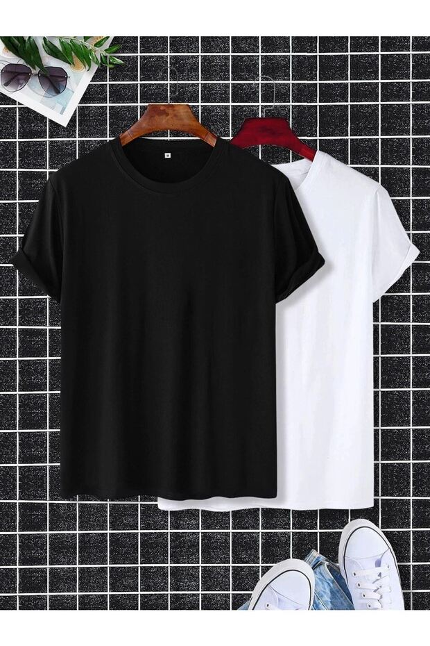 Plain Basic 2-Piece Multi Combination T-shirt - Black and White Oversize Crew Neck