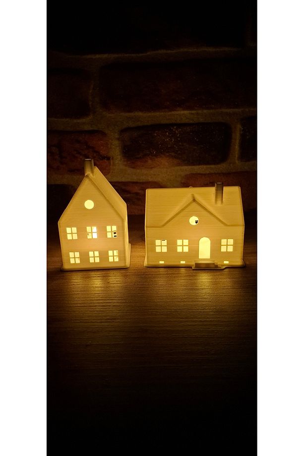 Kış Evi Dekoratif Işıklı Ev Tealight Led Mumlu Gece Lambası 2 Adet Pilli Led Mum HEDİYELİ - 1