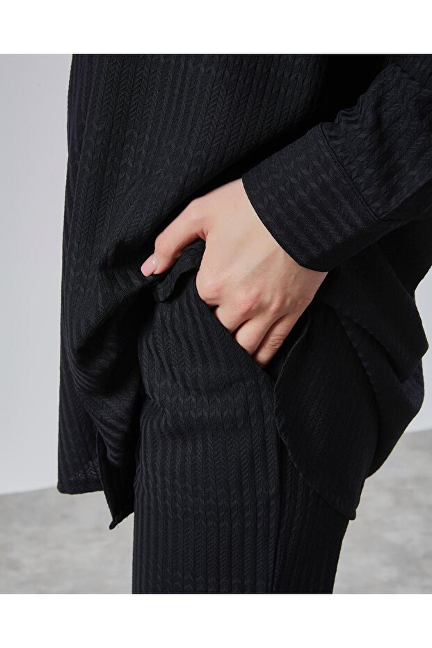 طقم كيمونا مزدوج بياقة قميص أسود - 2