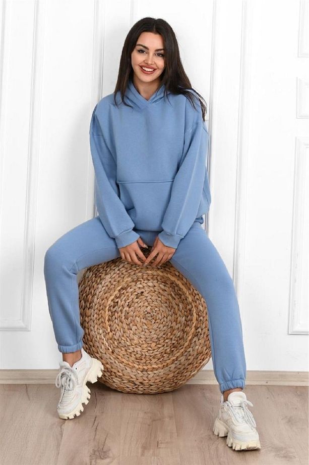 Düz Basic Eşofman Takımı Sweatshirt Jogger - Bebe Mavisi Oversize Şardonlu Kapüşonlu - 1
