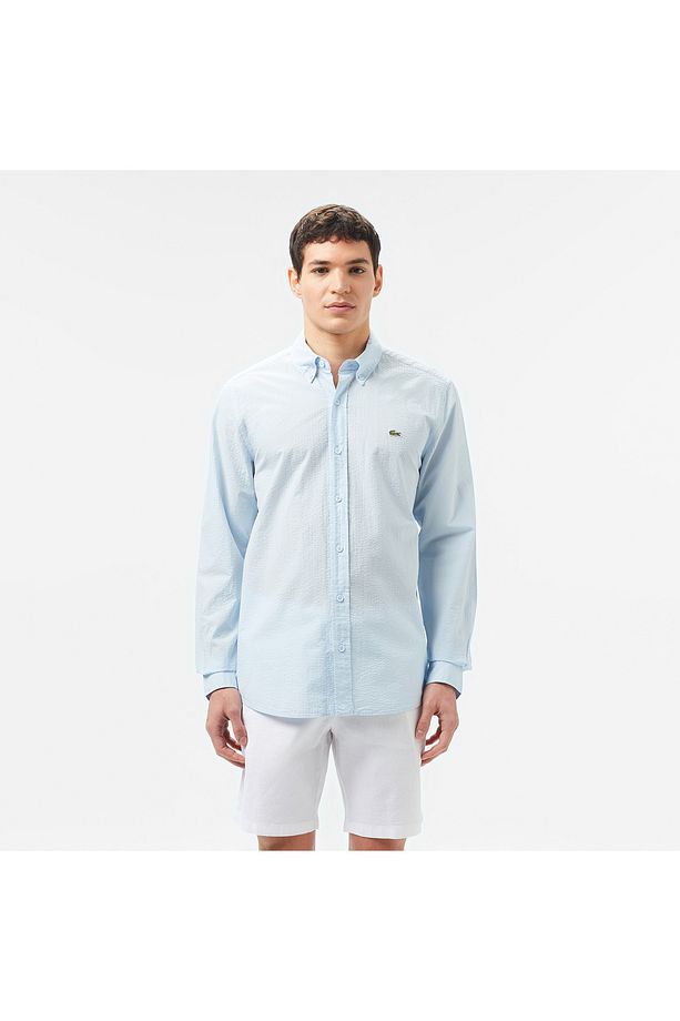Erkek Slim Fit Düğmeli Yaka Açık Mavi Gömlek - 1