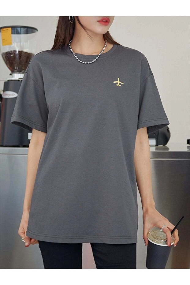 Airplane Logo T-Shirt - Smoke Printed Oversize Crew Neck Short Sleeve