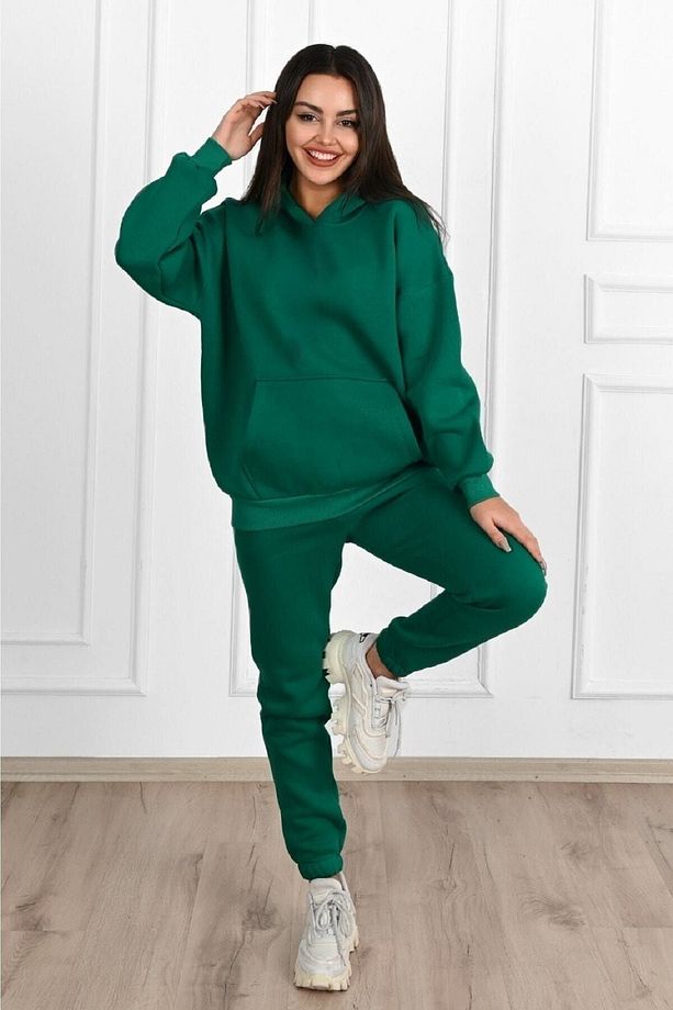 Düz Basic Eşofman Takımı Sweatshirt Jogger - Yeşil Oversize Şardonlu Kapüşonlu - 5
