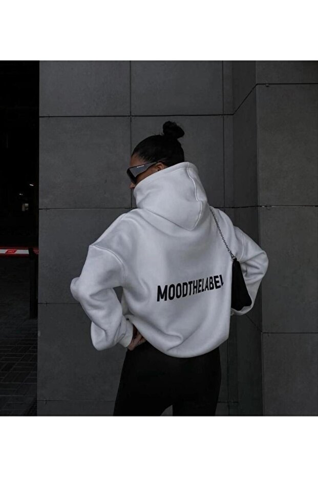 Mood The Label Sweatshirt - White Printed Oversize Thick Winter Hoodie