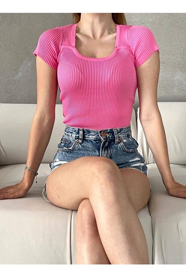 Flexible Fit Short Sleeve Pink Basic Blouse 0303