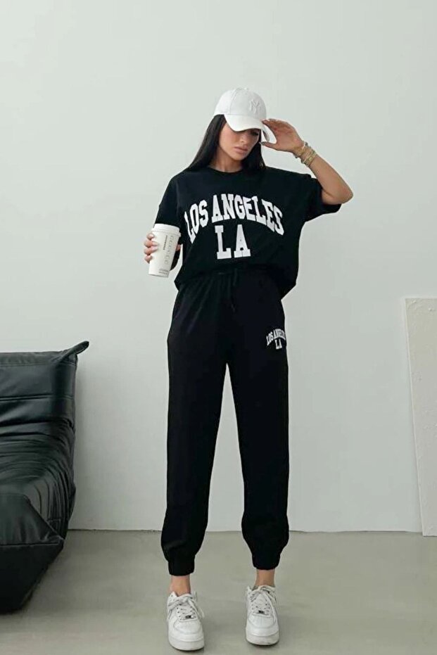 Los Angeles T-Shirt Sweatpants Jogger- Black Printed Bottom Top Tracksuit Set Oversize Cycling Yak