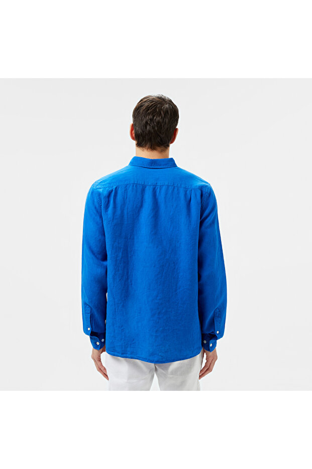 Erkek Regular Fit Düğmeli Yaka Keten Mavi Gömlek - 3