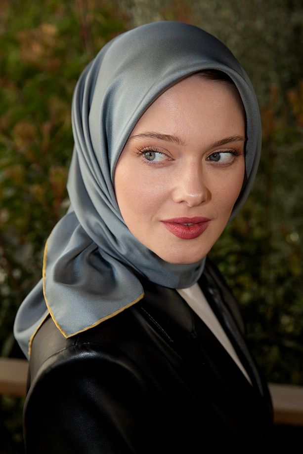 Sarı-Gri Çift Taraflı Twill İpek Eşarp - 4
