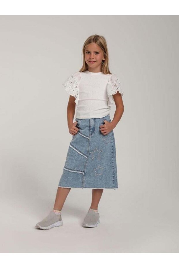 Girl's Cotton Sleeveless Blouse with Guipure Sleeves and Stones