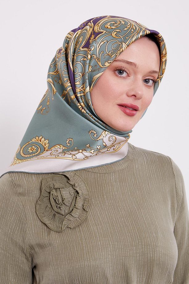 Mint Yeşili Varak Desenli Twill İpek Eşarp - 3