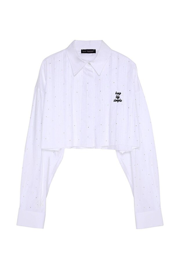 Stone Detailed Ribbed Crop Shirt White