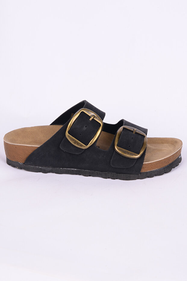 7191 Leather Comfortable Sole Belted Black Daily Women's Slippers