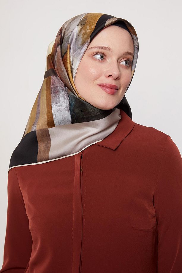 Siyah Soyut Desen Twill İpek Eşarp - 4