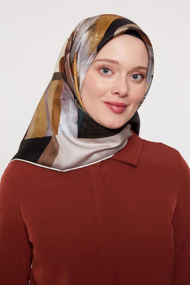 Siyah Soyut Desen Twill İpek Eşarp - 2