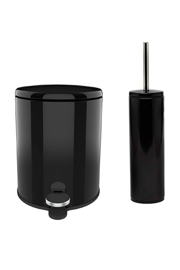 Cigo 2-Piece Bathroom Set Bathroom 6 Liter Steel Trash Can + Toilet Brush - Black