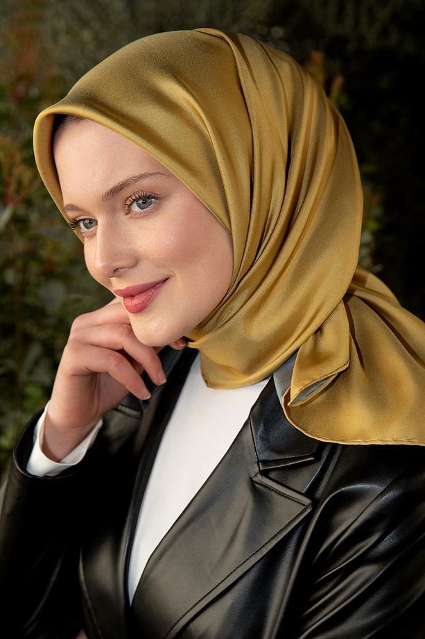 Sarı-Gri Çift Taraflı Twill İpek Eşarp - 6