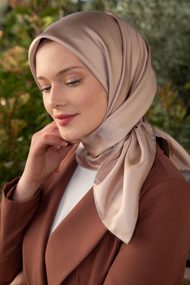 Pudra-Gümüş Çift Taraflı Twill İpek Eşarp - 4