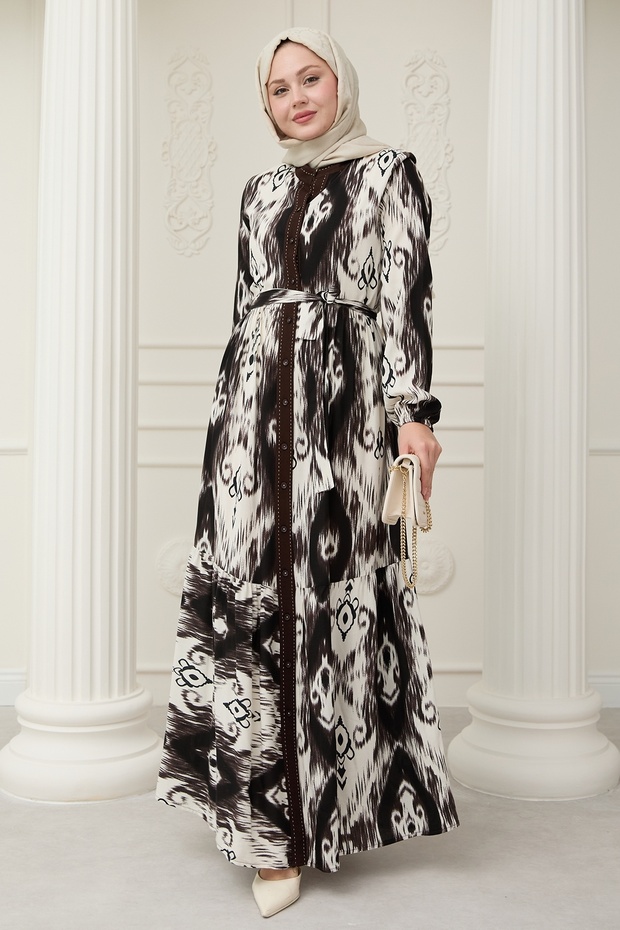 Ethnic Pattern Bitter Brown Viscose Dress with Punt on the Front